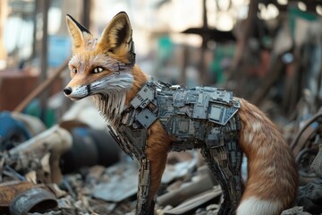 Poster - A bronze statue of a fox wearing a harness, great for outdoor or nature-themed projects