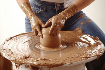 Poster - A woman creates a clay pot using a potter's wheel