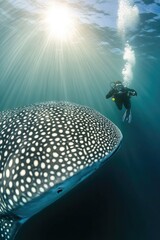 Poster - A person swimming alongside a whale in the ocean