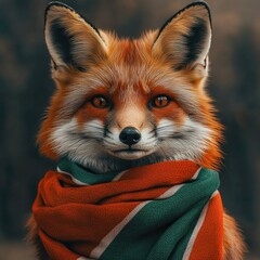 Aufkleber - A close-up shot of a red fox with a scarf wrapped around its neck