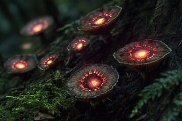 Aufkleber - a cluster of mushrooms growing on the branches of a tree, likely in a forest or woodland setting