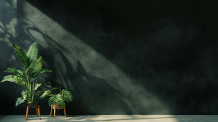 Poster - Minimalist interior with grainy black wall texture and potted plants for modern design