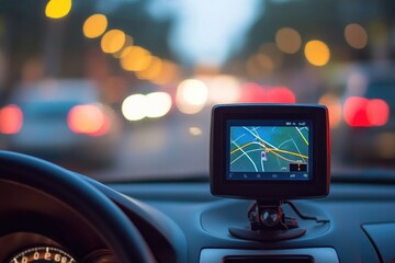 Poster - A modern car interior with a GPS navigation system displayed on the dashboard