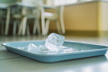 Poster - A blue plate with ice sitting on the floor, perfect for cold-themed or minimalist compositions