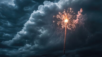 Poster - A single firework explodes in the dark night sky, producing a burst of colorful lights