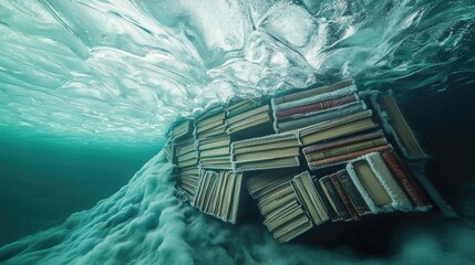 Aufkleber - A pile of books drifting on the surface of the ocean