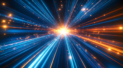 Poster - Abstract blue light speed background with laser rays and glowing flare in the center, motion blur effect, futuristic design concept for technology or science illustration.