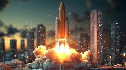 Poster - Dramatic night time launch of a glowing rocket soaring into the sky above a futuristic urban skyline symbolizing the power of innovation industry growth