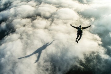Aufkleber - A person soaring through the air amidst fluffy white clouds, perfect for backgrounds and illustrations