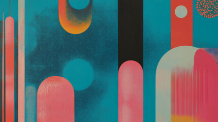 Poster - Retro geometric abstract art on blue and brown painted wall