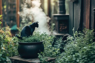 Aufkleber - A black cat is sitting on top of a ceramic pot, perhaps observing its surroundings