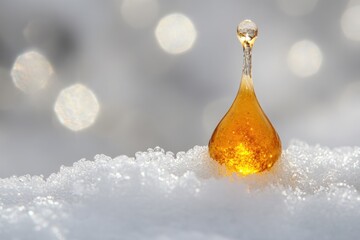 Wall Mural - A single droplet of liquid sits on the surface of snow-covered ground