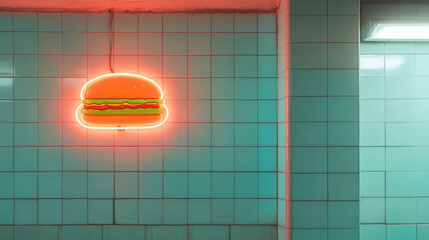 Poster - Neon burger sign on blue tiled wall - retro fast food decor