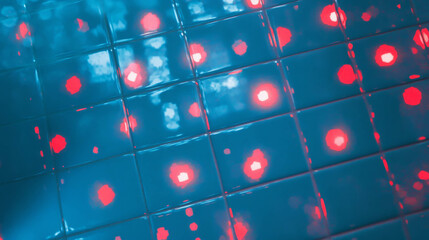 Poster - Vibrant red neon dots on blue tiled wall pattern for modern decor design