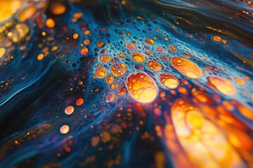 Poster - A close-up view of a liquid painting on a surface, showcasing the unique textures and colors