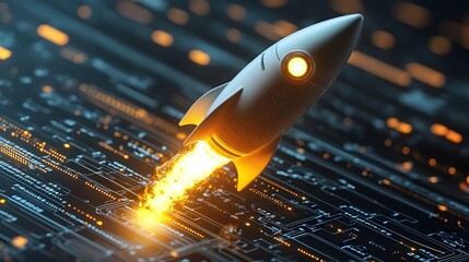 Poster - A glowing rocket taking off in a high tech futuristic digital the power and innovation of cutting edge business strategies and ideas for success growth and progress