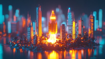 Poster - glowing rocket launch in a high tech futuristic cityscape illustrating cutting edge business strateg