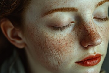 Wall Mural - Close-up portrait of a woman with distinctive freckles on her facial skin