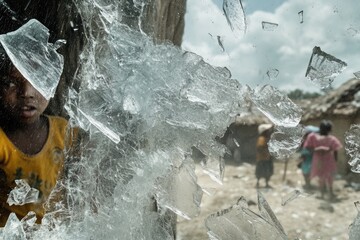 Aufkleber - A child peering through a shattered window, curious about what's on the other side