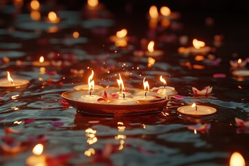 Poster - Group of candles floating on the surface of a lake or river, creating a peaceful atmosphere