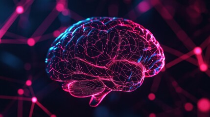 Poster - A glowing, digital representation of a brain, showcasing intricate neural connections against a dark background with vibrant colors.