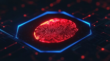 Poster - A glowing red fingerprint icon is displayed against a dark, digital background, symbolizing biometric security and identity verification.