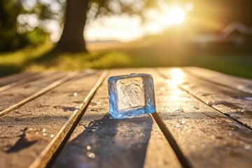Poster - A single glass block resting on a wooden table, perfect for decorative or scientific uses