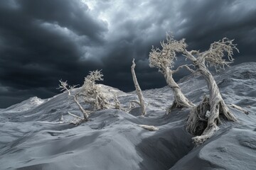 Poster - Desert landscape with a cluster of trees growing out of sand dunes