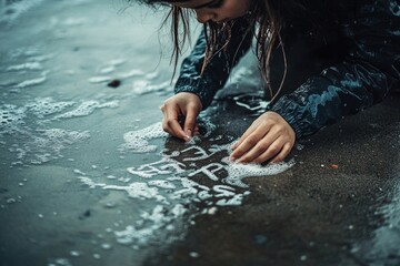 Poster - A woman plays and splashes in the ocean waves on a sunny day