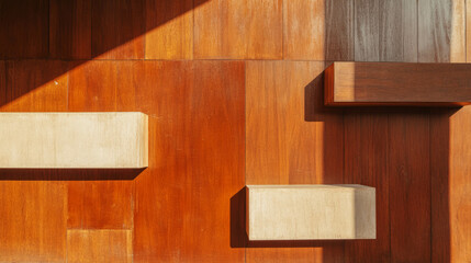 Poster - Abstract wooden panel wall with brown and cream geometric patterns