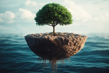 Poster - A lone tree stands tall on a small, isolated island in the middle of the open ocean