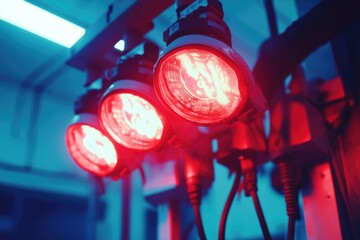 Poster - A modern lighting installation featuring a collection of red lights suspended from the ceiling
