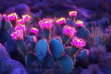 Poster - A cluster of prickly cacti blooms with vibrant pink flowers, great for nature and botanical themes