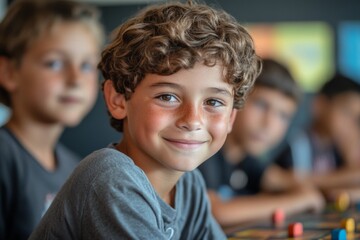 Aufkleber - Young boy smiling at camera in classroom while participating in engaging group activity with peers