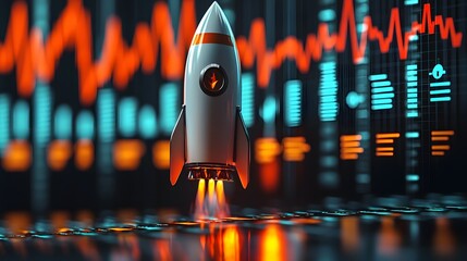 Poster - A futuristic business rocket taking off symbolizing growth success and new opportunities  The background features a dashboard with data visualizations charts and financial milestones