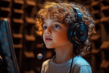 Aufkleber - Young child engaged in imaginative audio exploration with headphones in a sound studio environment