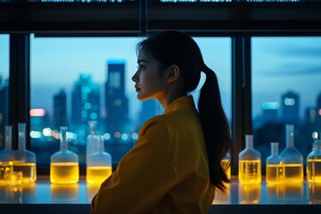 Poster - Young scientist reflects while overlooking a city skyline at twilight from a modern laboratory