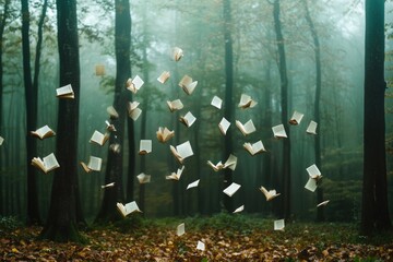 Poster - A whimsical scene of numerous books floating through a dense forest, perfect for conveying a sense of knowledge and wonder