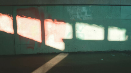 Poster - Abstract urban art with glowing graffiti on concrete wall silhouetted by sunlight