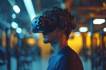 Aufkleber - Young man engages in virtual reality experience in modern tech facility during evening hours