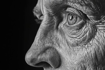 Poster - A black and white photograph of an elderly gentleman's face, featuring wrinkles, beard, and deep eyes