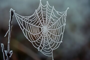 Poster - Close-up of a spider web covered in tiny water droplets, great for nature or science related uses