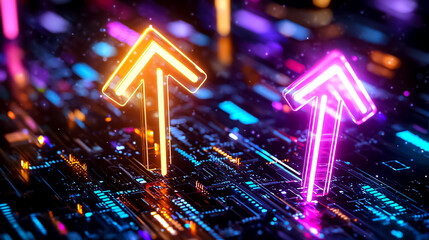 Fototapete - Glowing Neon Upward Arrows On Futuristic Circuit Board Art Work With Orange Pink Colors And Innovation Theme