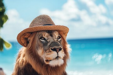 Poster - A lion relaxes on the beach while wearing a hat, perfect for a summer vibe