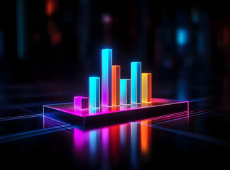 Poster - Neon glowing bar graph rising on a dark reflective surface, suggesting growth and progress in technology or business.