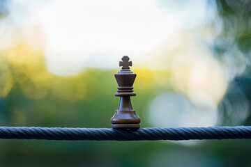 Poster - A wooden chess piece sitting on a wire, ready for play