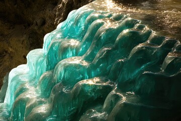 Wall Mural - A detailed view of a massive ice waterfall, with frozen water flowing down and melting at the bottom