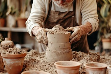 Aufkleber - Crafting ceramic pots in a pottery studio with earthy tones and natural textures during daylight