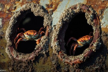 Poster - Two crabs sit in rusty boat holes
