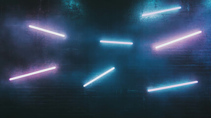 Fototapete - Futuristic abstract design with neon shapes on dark brick wall
